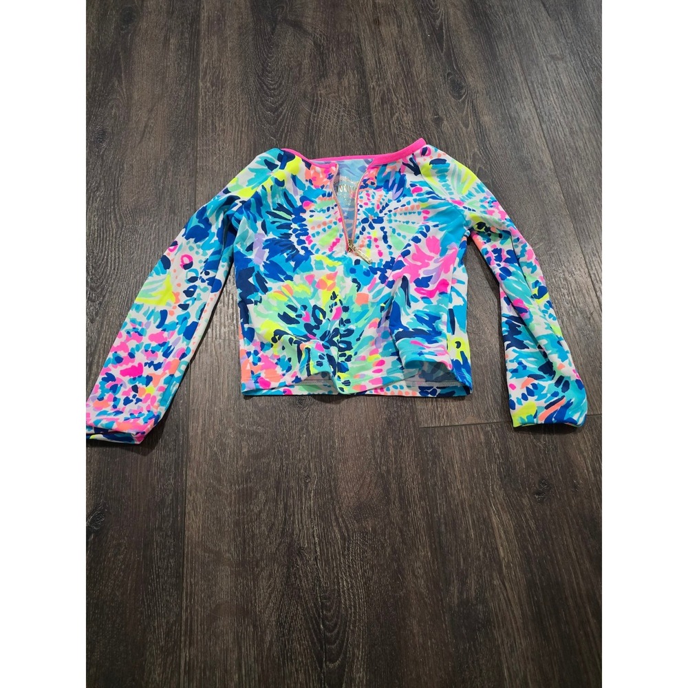 Lilly Pulitzer Girl Luxletic Rash Guard Swim Top Blue Pink Floral Zip  S 4-5